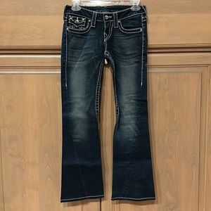 True Religion low rise bootcut flare distressed contrast seam cropped ankle jean